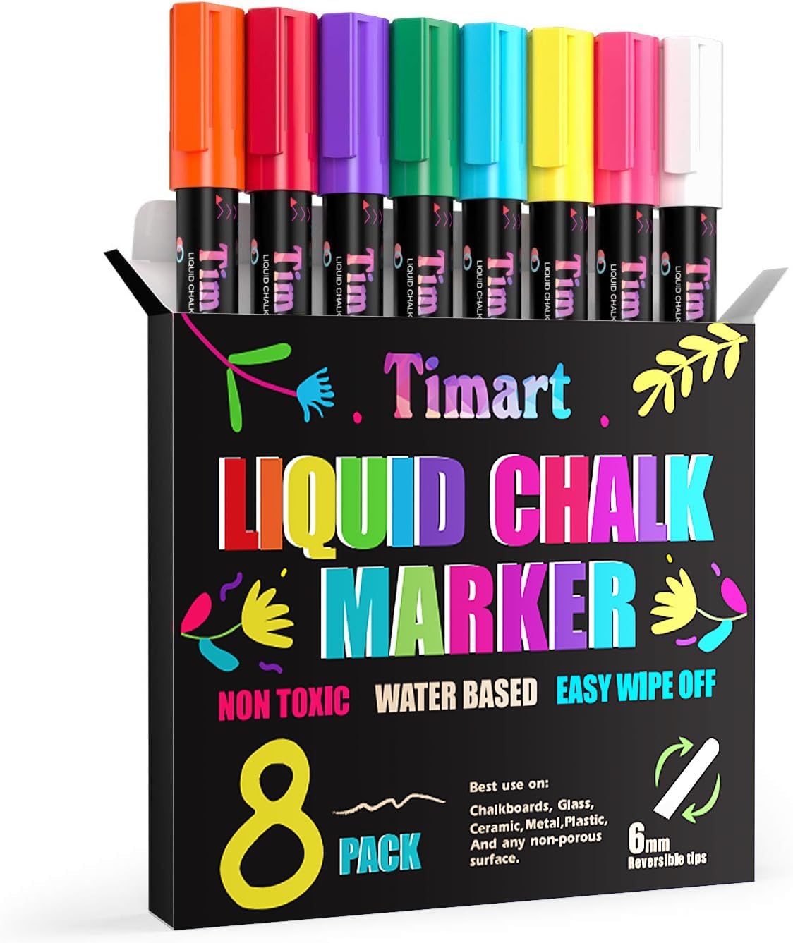 Timart Liquid Chalk Markers - 6mm Bold Tip Dry Erase Pens for Chalkboards & Windows | Classic Reversible Tip
