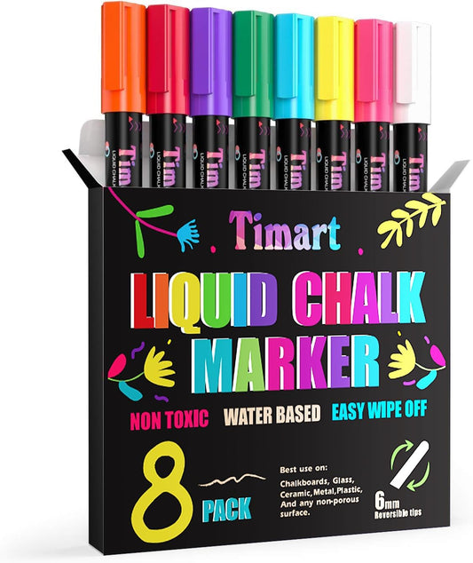 Timart Liquid Chalk Markers - 6mm Bold Tip Dry Erase Pens for Chalkboards & Windows | Classic Reversible Tip