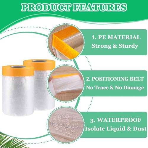 KUANVE 12 Pack Tape and Drape, 3 Sizes Pre-Taped Masking Film Plastic Sheeting Cover Roll, 65.6 Ft/Pack Automotive Painters Masking Tape Film for Furniture, Floor, Skirting