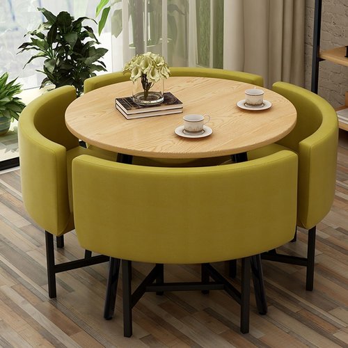 WPWSDWMX Conference Room Reception Negotiation Table Sets, Wood Grain Round Table and 4 PU Backrest Chairs, Load-Bearing Capacity 150kg/330lbs, Small Coffee Dining Table and Chair Set for 4(Yellow)