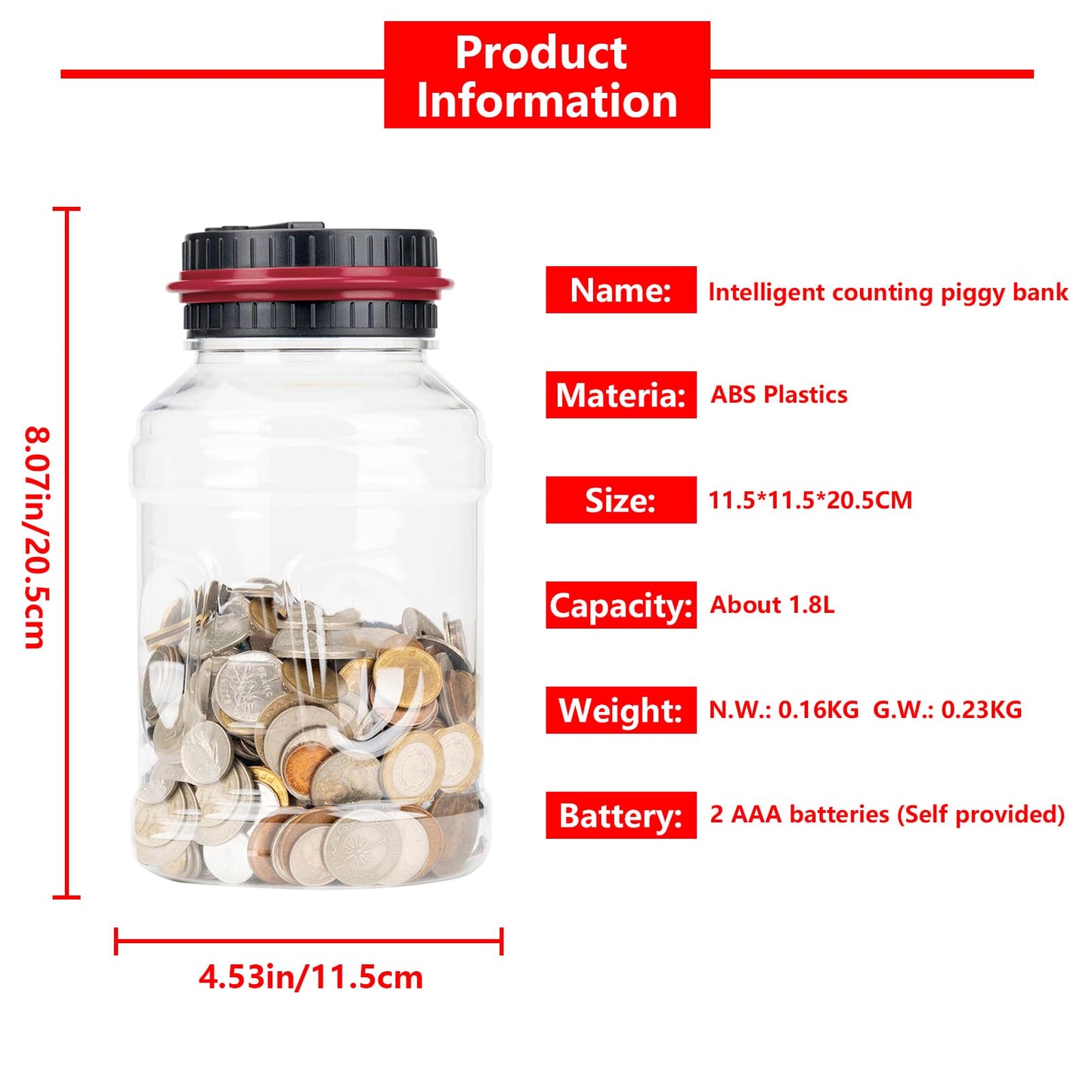 Totola Digital Counting Piggy Banks for Adults, 1.8L Capacity Coin Bank with LCD Counter Display, Transparent Money Coin Jar for Money Saving, Holds All US Coins, Ideal Gift for Boys Girls (Red)