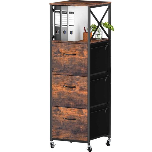Vestibk 3 Drawers File Cabinet, Vertical Filing Cabinets for Home Office, Drawer with Adjustable Hanging Rail, A4/Letter Size Hanging File Folders, Open Shelf, Mobile Printer Stand, Rustic Brown