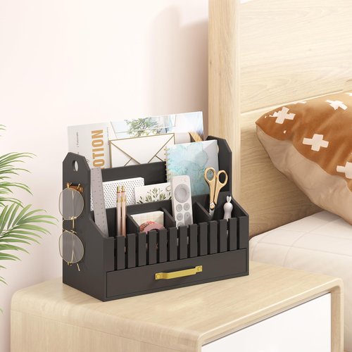 Bamboo Mail Organizer Countertop with Drawers, Wood Desk File Organizer Desktop Paper Organization Storage Bill & Letter Sorter Holder for School Home Office Supplies, No Assembly Required (Black)