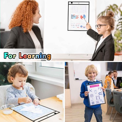 EEHZTSI 50 Packs Dry Erase Pocket Sleeves, Reusable Clear Plastic Classroom Sleeves, 10x14 Inch Ticket Holders, Plastic Sleeves for School/Office Organization Black