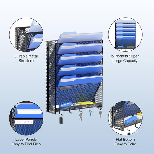 OUTWOLF Hanging Wall File Organizer with Hooks, 6 Tier Vertical Wall Mount File Holder, Paper Document Mail Organizer for Office