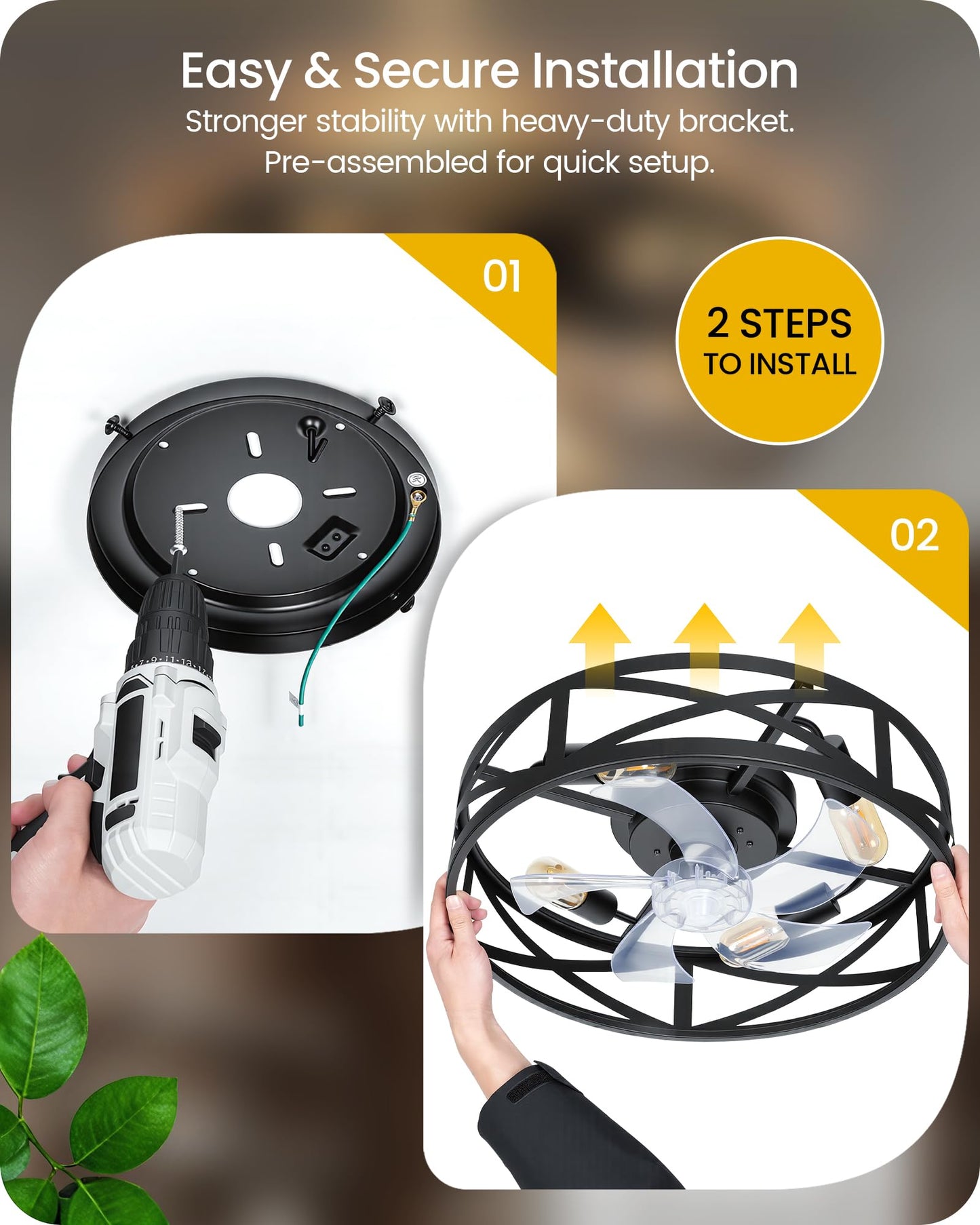 20" Farmhouse Flush Mount Ceiling Fan with Lights and Remote, Low Profile Caged Ceiling Fan Fandelier, 6 Speeds, Timer, Reversible DC Motor, Bladeless Ceiling Fan for Bedroom, Kitchen, Black B02CF05