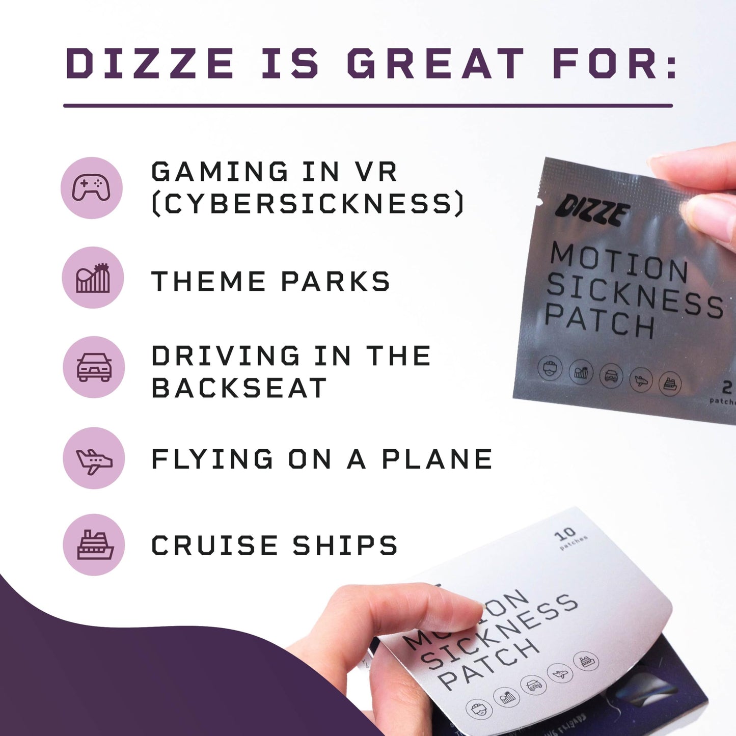 Dizze Motion Sickness Patches for Cruise & Travel – Non Drowsy Nausea Patch with Ginger – Sea Sickness Relief for Boats, Cars, Flights, Gaming – Motion Sickness Patches for Kids & Adults (10 Count)