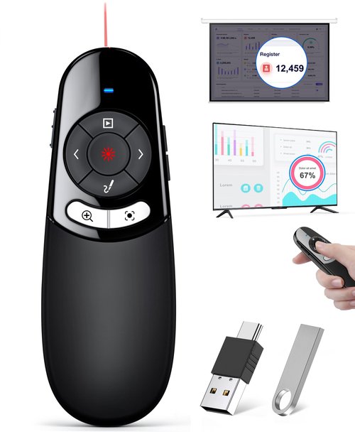 2IN1 Laser Pointer Digital Presentation Clicker on TV Screen w USB Flash Drive, Highlight Clicker for Powerpoint Presentation USB C A for Laptop MacBook Computer, PPT Clicker for Office Classroom