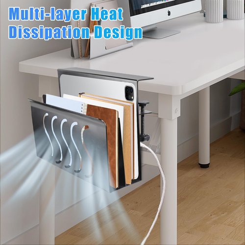 YSaekYeo 2 Tier Desk side storage,Under Desk Storage Clamp On Organizer with Magnetic Pen Holder, No Drill Hanging Under Laptop Holder for Office and Home，Black