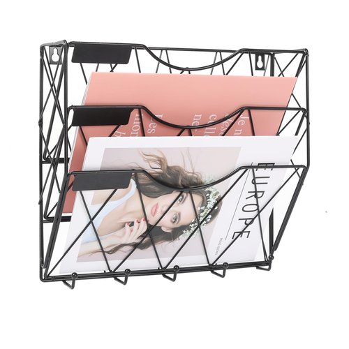 Karsbarwe 3 Tier Wall File Holder Organizer, Hanging File Organizer, Magazine Rack, Wall Mount Paper Folder Holder, with 5 Key Holder Hooks,Metal, Black