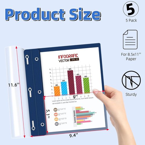 HAUTOCO 5 Pack Plastic Report Covers - Clear Front with 3 Prong Fasteners | Navy Blue for 8.5x11 Paper