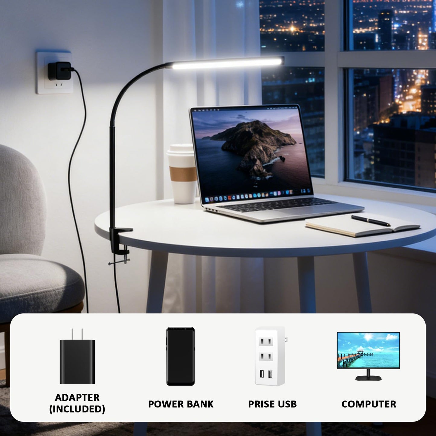 Akynite LED Desk Lamp with Clamp Clip on Reading Light Dimmable USB Small Clamp Lamp with 3 Color Modes 10 Brightness, Adjustable Flexible Gooseneck Workbench Light for Bed Headboard, Nail, Computer