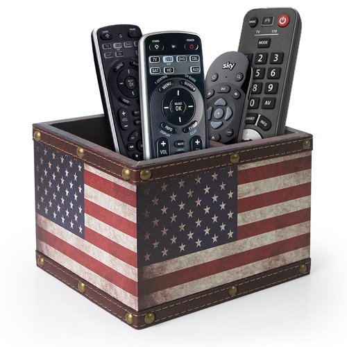 DreamsEden Wooden Remote Control Holder, Leather TV Caddy for Table, Decorative American Flag Organizer Storage Box for Home Office