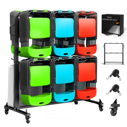 Folding Chair Rack Cart Chair Storage - Heavy-Duty 1100LB Capacity Holder for 84 Folding Chairs or 42 Chairs & 12 Tables - Includes Weatherproof Cover, Elastic Straps, Locking Wheels