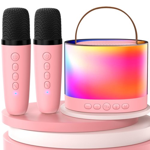 Mini Karaoke Machine for Adults Kids, Portable Bluetooth Karaoke Speaker with 3.5" Full-Range Speaker and Colorful LED Lights, Support USB/TF Card/AUX (Pink-2Mic)