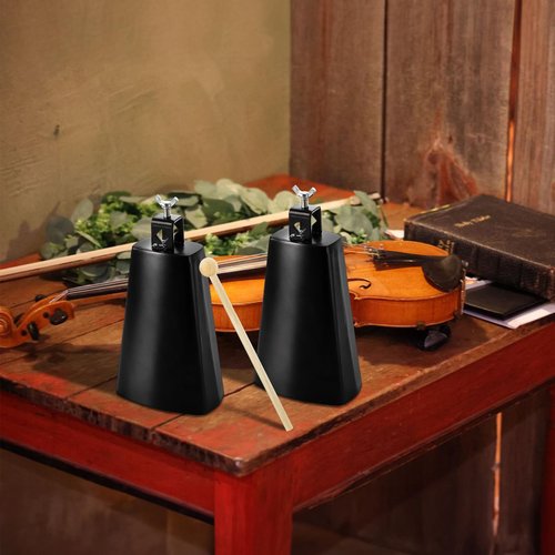 Acshio 2 Pack Metal Steel Cow Bells, 7 Inch Cowbell Noise Makers with Handle Stick, Hand Percussion Music Cowbell for Drumset Cheering Wedding Football Sport Games