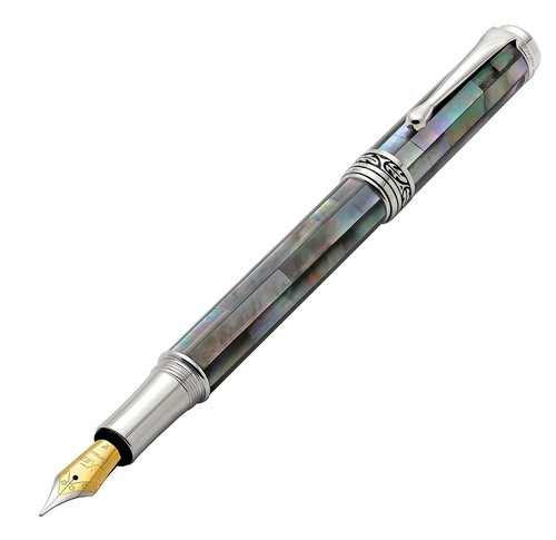 Xezo Maestro Fine/Extra-Fine Nib Fountain Pen Handcrafted with Black Mother of Pearl. Platinum Plated. Limited Edition, Serialized. No Two Pens Alike