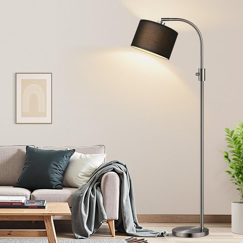 【Upgraded】 Dimmable Floor Lamp, 1200 Lumens LED Bulb Included, Brushed Nickel Arc Floor Lamps for Living Room Modern Standing Lamp with Black Shade, Tall Lamp for Living Room Bedroom Office Office