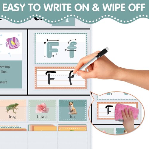 BOHEMIABY All About Letters Pocket Chart with 99 ABC Flash Cards, Letter of The Day/Week Daypocket Chart, Letter Tracing Learning Educational Wall Chart Preschool Classroom Homes, 34" X 27"White