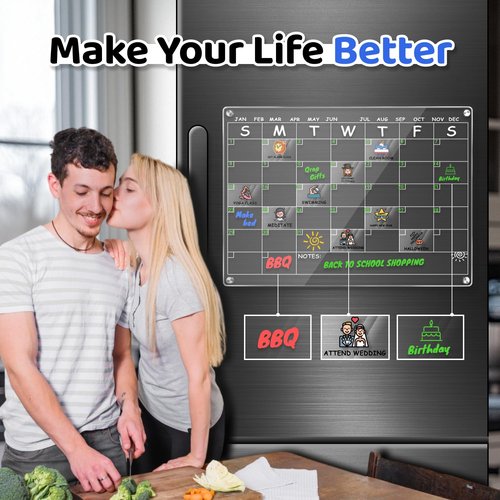 Acrylic Magnetic Calendar for Refrigerator - Reusable Dry Erase Board with Stickers & Marker, Family Organizer, Kids Activity, Acrylic, Shatterproof, Strong Magnets