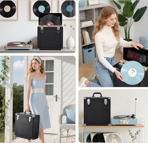 Hododou Vinyl Record Storage Case - Holds 30+ 12-Inch Records | Heavy-Duty, Portable Design with Lid Handle & Mesh Pouch