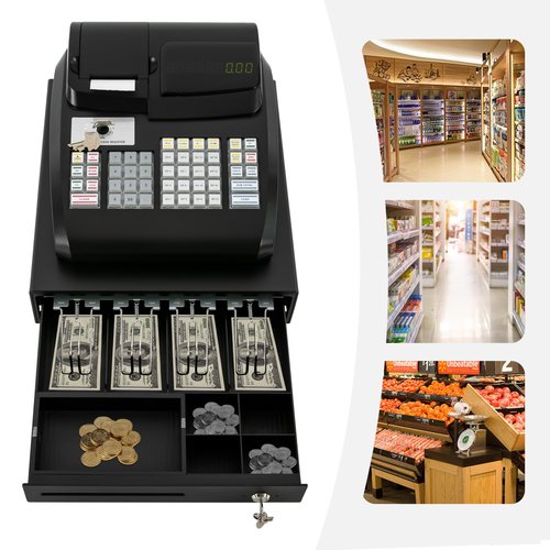Electronic POS Cash Register with LED Display & Drawer 47-Key Commercial Cash Management System High-Speed Tabletop Billing for Retail Stores&Shops-Black