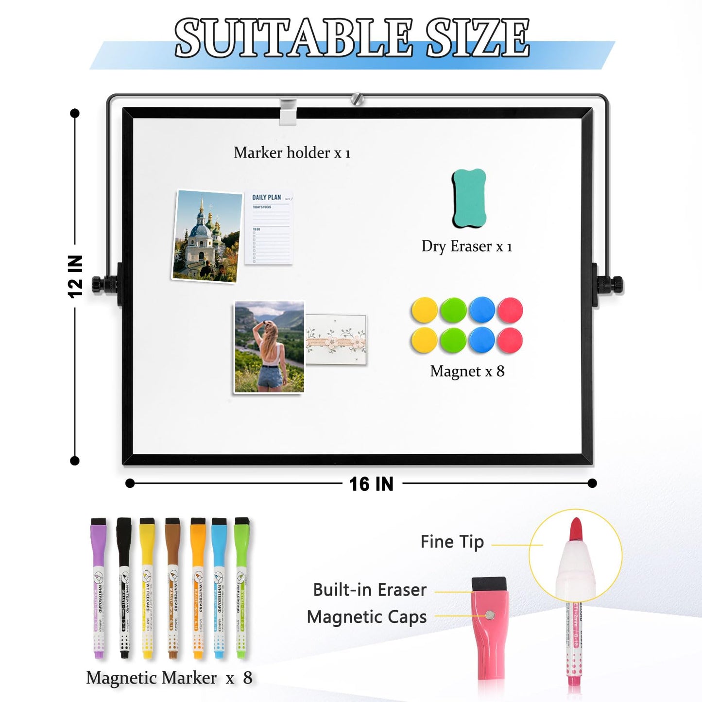 AMUSIGHT Double-Sided Magnetic White Board with Stand, 16" x 12" (Black)