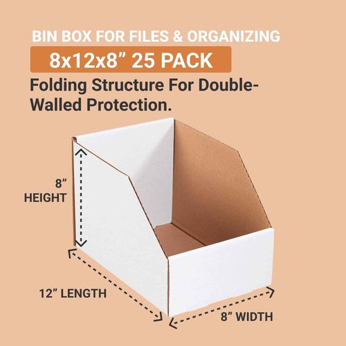 Aviditi Jumbo Corrugated Cardboard Storage Bins, 8"x 12"x 8", White, Pack of 25, for Warehouse, Garage and Home Organization