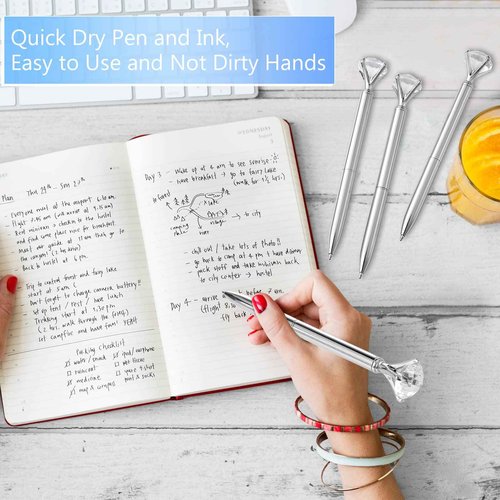 Leinuosen 50 Pcs Bulk Diamond Pens with Crystal Bridal Shower Gifts Metal Bling Ballpoint Pens with Black Ink for Bridal Shower Wedding Party Office School(Silver)