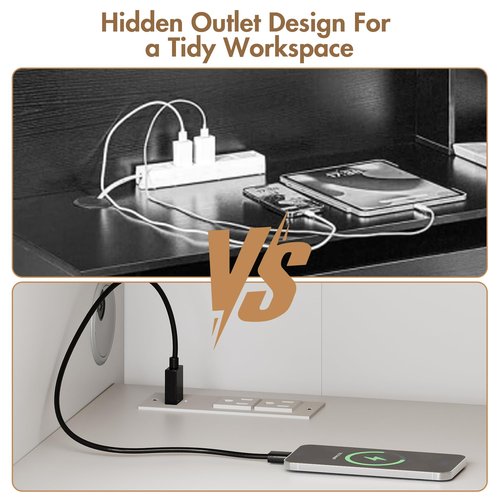 Kikihouse Modern Reception Desk & DIY Metal Strips, Front Desk with LED Light and Hidden Power Outlet, Reception Counter Table for Checkout, Office, Lobby, Nail Salon Spa (White+Wood)