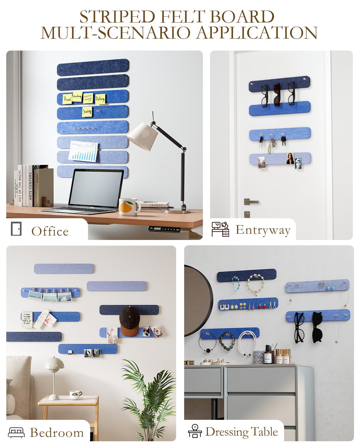 JBER Felt Strip Board 8 Pack 13"x2", Cork Board Alternative Pin Bulletin Board, Self-Adhesive Vision Board with 25 Push Pins for Walls, Office & Home Decor(Denim Haze)