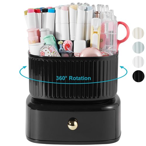 Lolocor Desk Pencil Pen Holder with Drawer, 5 Slots 360 Degree Rotating Pencil Pen Organizers Desk Organizers for Office Accessories Shool Supply Black