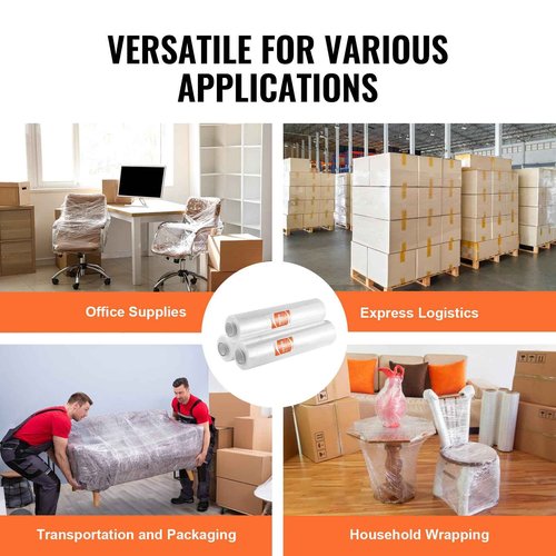 VEVOR Stretch Film, 15 inches x 1000 feet, 60 Gauge Industrial Strength Clear Durable Stretch Wrap Roll, Heavy Duty Shrink Film Stretch Wrap with Handles for Pallet Wrapping Shipping Moving, 3 Pack