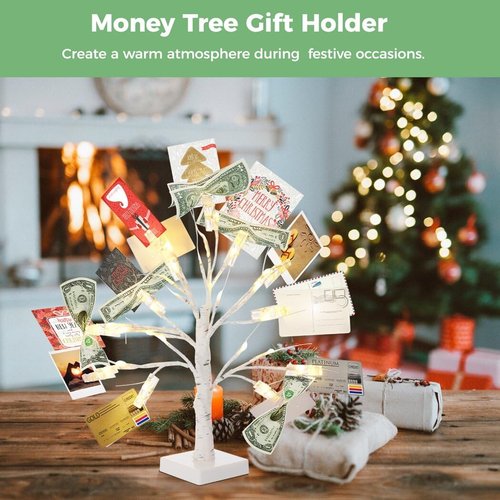 Money Tree Gift Card Holder with 12 Clear Clips, Lighted Photo Cash Lottery Ticket Holder, Unique Desktop Home Decorations for Christmas, Memo, Birthday, Wedding, Graduation