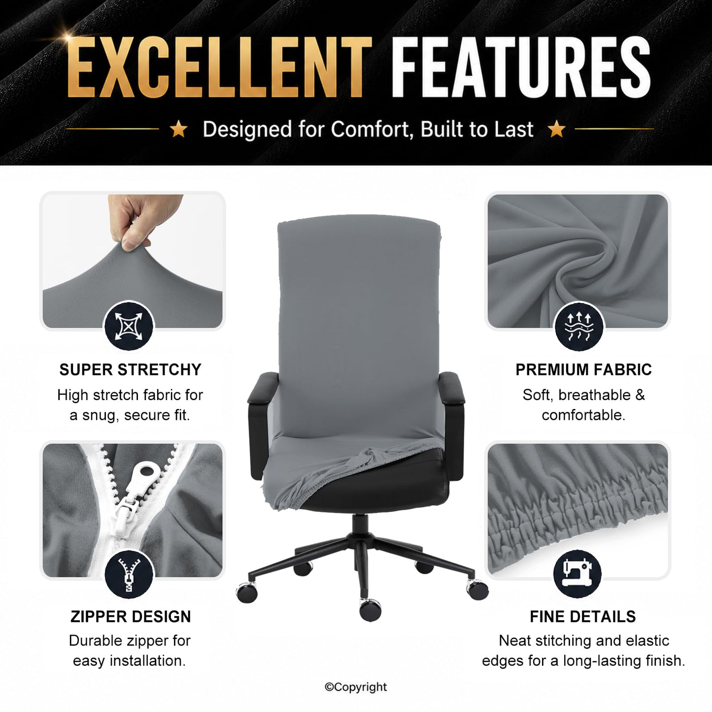 DIVA EN CAMINO DEC Stretchable Office Chair Cover with Durable Zipper, Soft Slipcover for Computer Desk Chair - Mid Gray