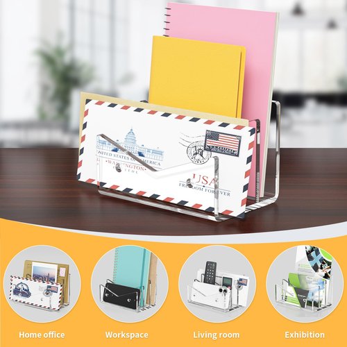 Rulyyo Mail Organizer Envelope Holder - 3 Compartments Clear Acrylic Mail Holder Countertop Vertical Desk Organizer Small File Bill Document Notebook Letter Sorter for Home School Office Supplies