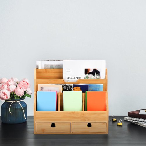 Youeon Bamboo Desk Mail Organizer with Drawers, Large Office Desk Organizer, Countertop Magazine File Holder, Desk Organizer and Sorter for File Letter Paper Office Supplies