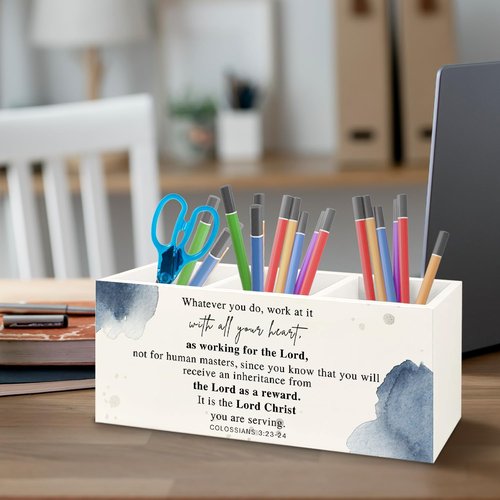 URLLUAE Inspirational Christian Wooden Pen Pencil Holder for Office Desk Accessories, Christian Gifts for Women Men, Bible Verse Colossians 3:23-24 Makeup Brush Toothbrush Holder Organizer