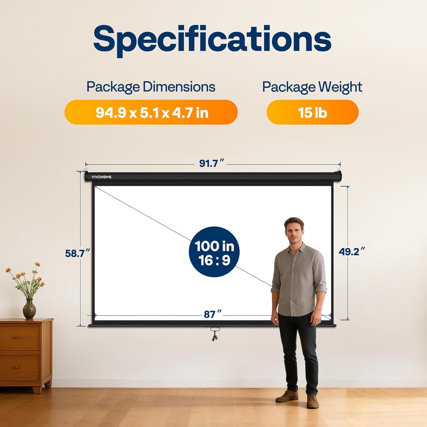 VIVOHOME 100 Inch Pull Down Projector Screen - HD 4K Retractable Movie Screen for Home Theater | Manual with Auto Locking (87W x 49H Inch Display)
