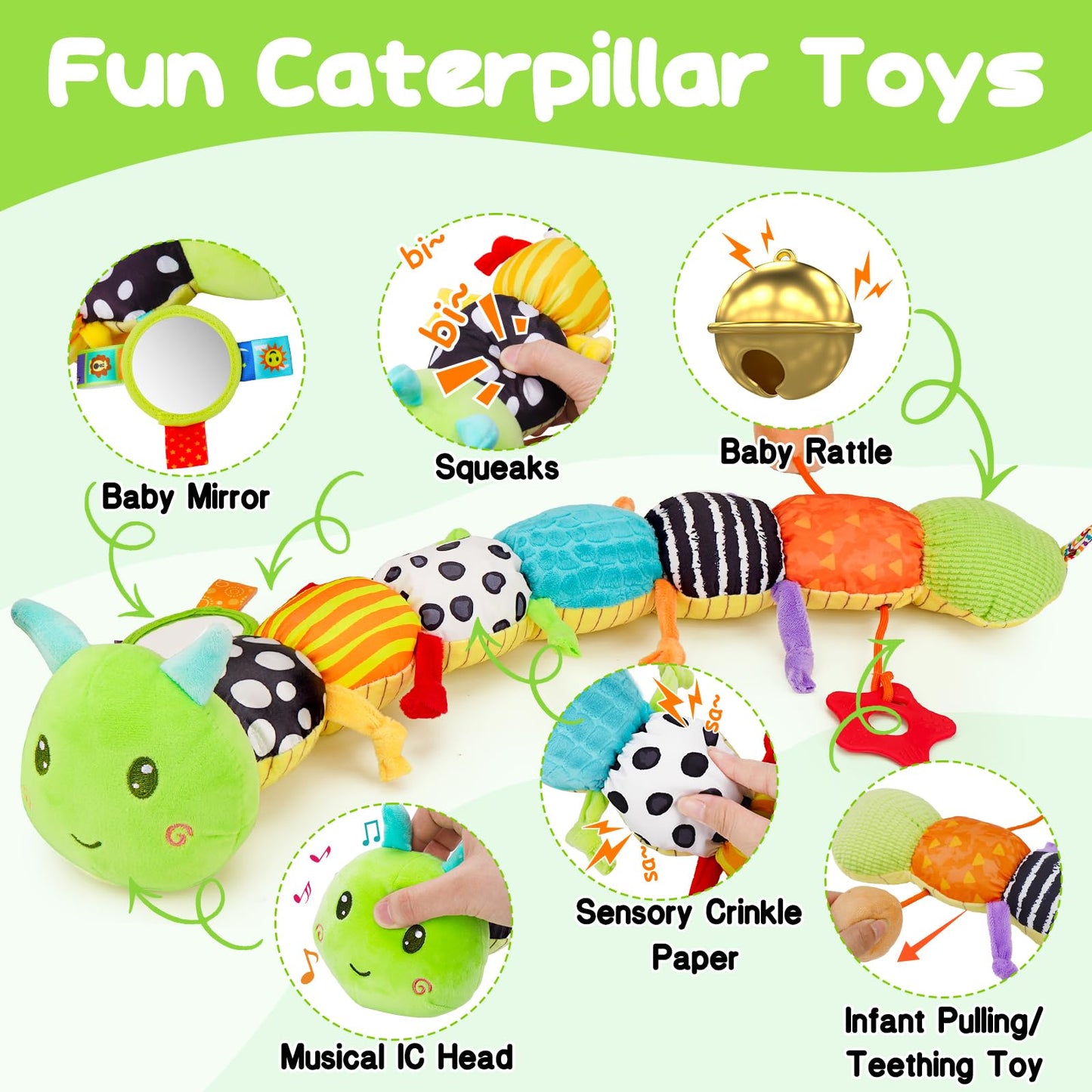 Topsochir Baby Sensory Toys 0-6 Months Music Animal Stuffed Plush Caterpillar Toy for Infant 0-3-6-12 Month Old Tummy Time with Mirror Crinkle Rattle Toys for Newborn Boys Girls Shower Birthday Gifts