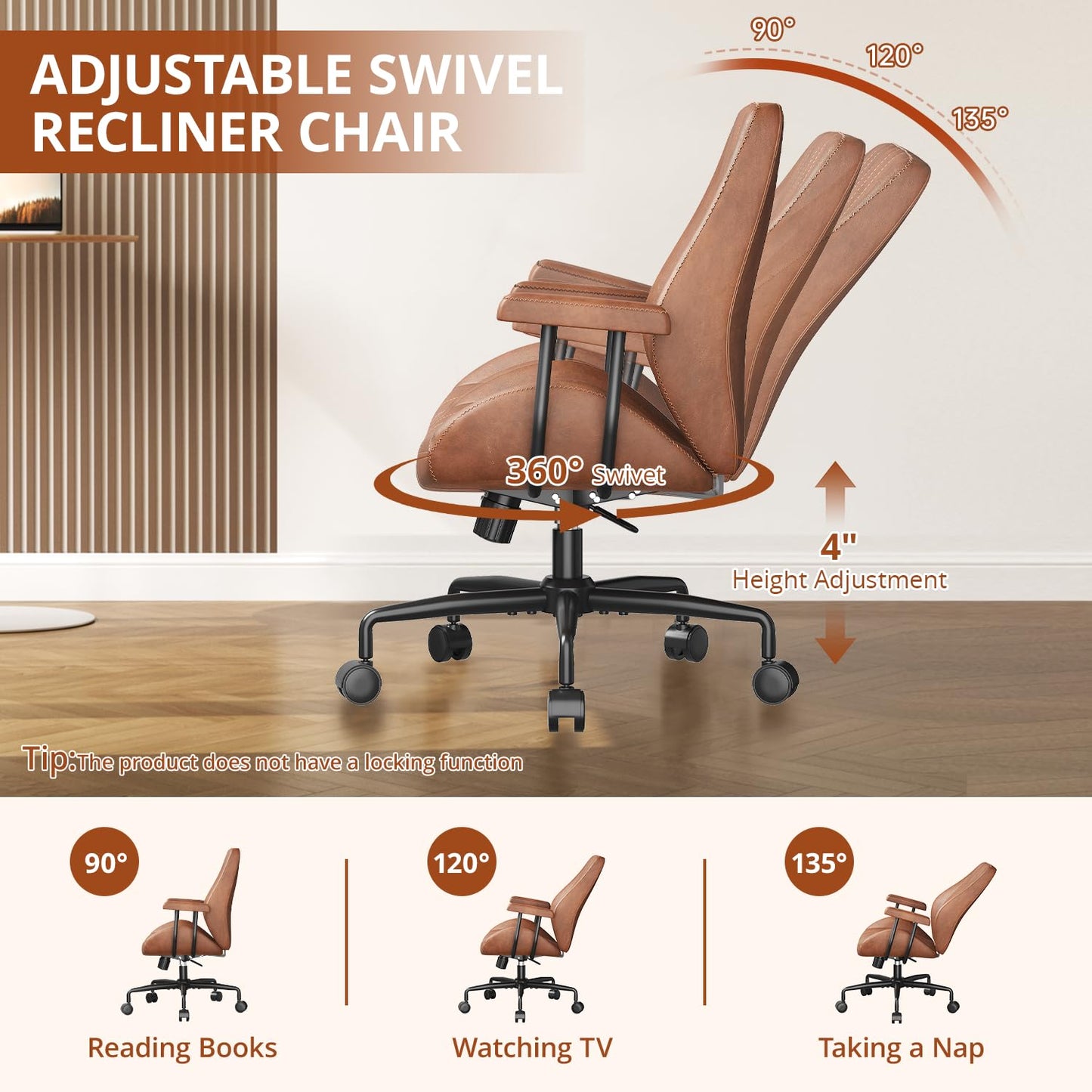 Ergonomic Office Chair 330LBS, Reclining Swivel Mid Back Desk Chair with Adjustable Height, Thickened Cushions, Comfy Executive Armchair for Home Office