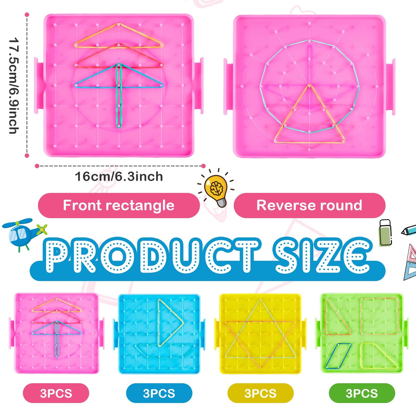 Deekin 12 Pcs Double Sided Geoboard Mathematical Kids Geoboards with Rubber Bands Math Manipulatives Toy for Geometry, 6.9 x 6.3 Inches Classroom Back to School