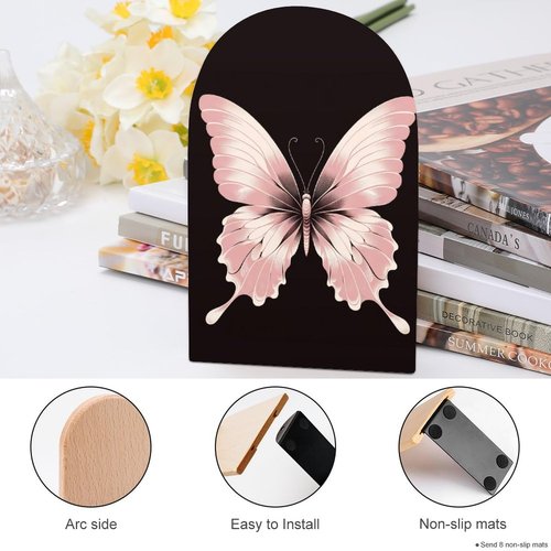 Velumair Light Pink Butterfly Book Ends Decorative Bookends for Shelves Wood Book Stopper for Home Office Desk to Hold Books 6.7 X 4.7 Inch Bookshelf Decor 1 Pair