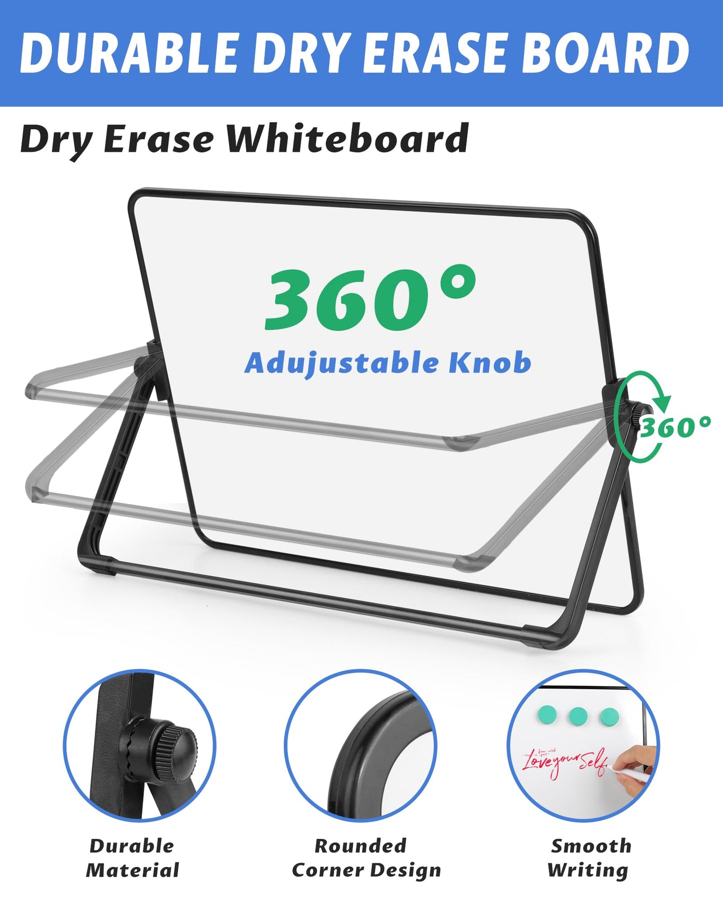 Dry Erase Whiteboard for Students,Small Mini Magnetic Double-Sided Desktop White Board with Stand,Portable Small Whiteboard with 3 Markers/3 Magnets/1 Eraser for Drawing, Home, School,8.27" x 11.8"