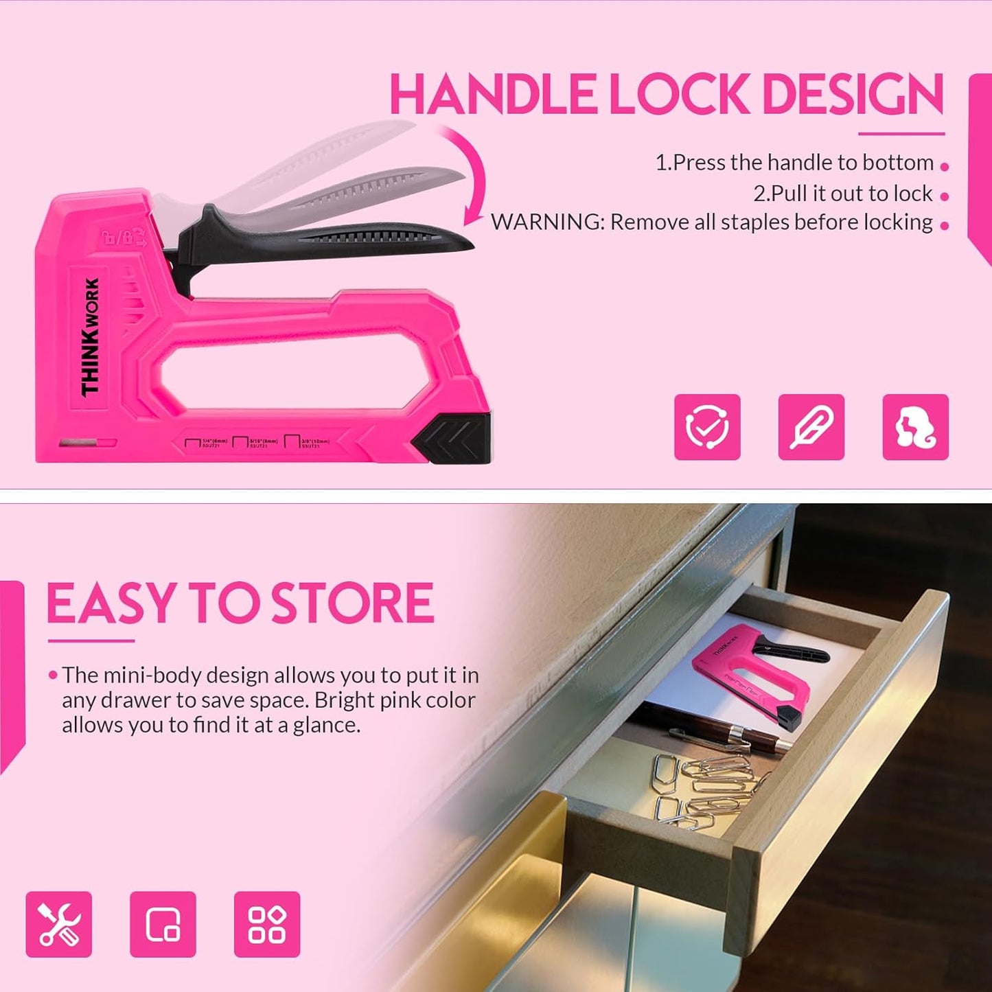 THINKWORK Light Duty Staple Gun - Pink Upholstery Stapler with 1600 JT21 Staples & Remover | Ideal for Crafts & DIY Projects