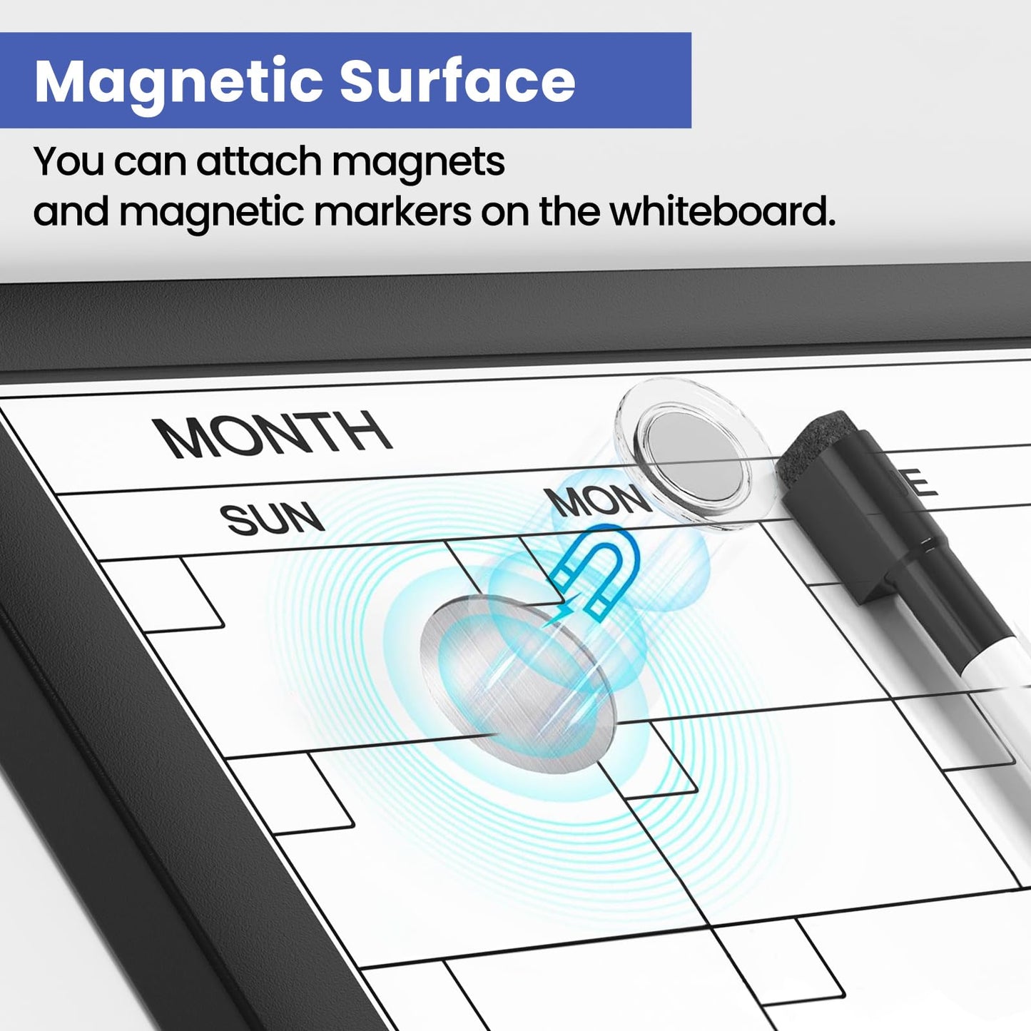 Monthly Calendar Whiteboard for Wall, 17 x 13 Inches Dry Erase Board Cork Board Combo with Wood Framed, Hanging Magnetic White Board with Markers Magnets Push Pins Eraser for Office Kitchen Home Memo