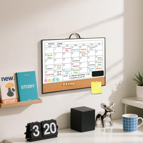 Lumspax White Board Calendar - 16" X 12" Dry Erase Board Monthly Calendar, Double Sided Whiteboard with a Handle, Black Aluminum Frame Calendar for Home, School, Office