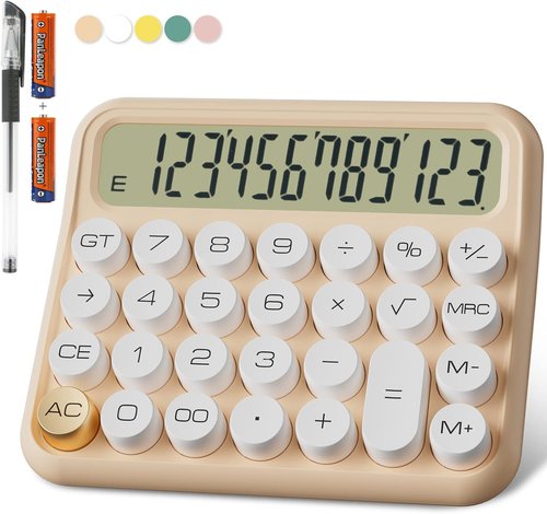 DECKLIT Mechanical Calculator - 12 Digit Extra Large 5-Inch LCD Display | Easy Press Buttons, 15° Tilt Screen (Cream)