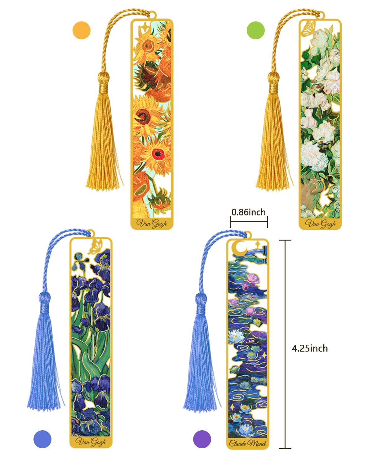 HOMTEK 4 Pieces Metal Bookmarks with Tassel, Golden Hollow Bookmark Van Gogh Monet Oil Painting Theme Book Marker for Book Lovers Writers Readers Children Teens Men Women Adults