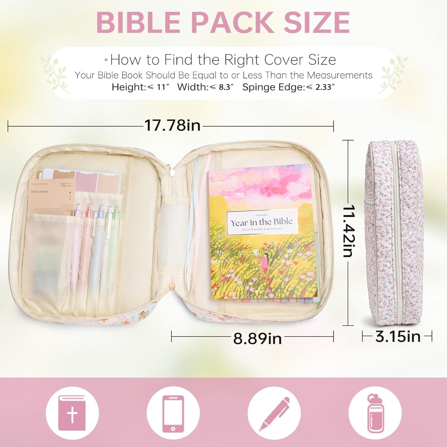 Skiennix Bible Cover Case - Durable Quilted Design for Women | Large Mini Pink Flower Carrying Case